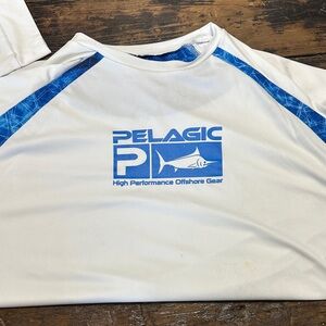 Pelagic Fishing White Short-Sleeve Performance Shirt with Blue Logo Panels